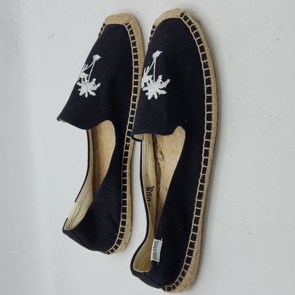 Soludos Palm Tree Embroidered Espadrille Linen Smoking Slippers In Black Size 10 - Picture 2 of 14